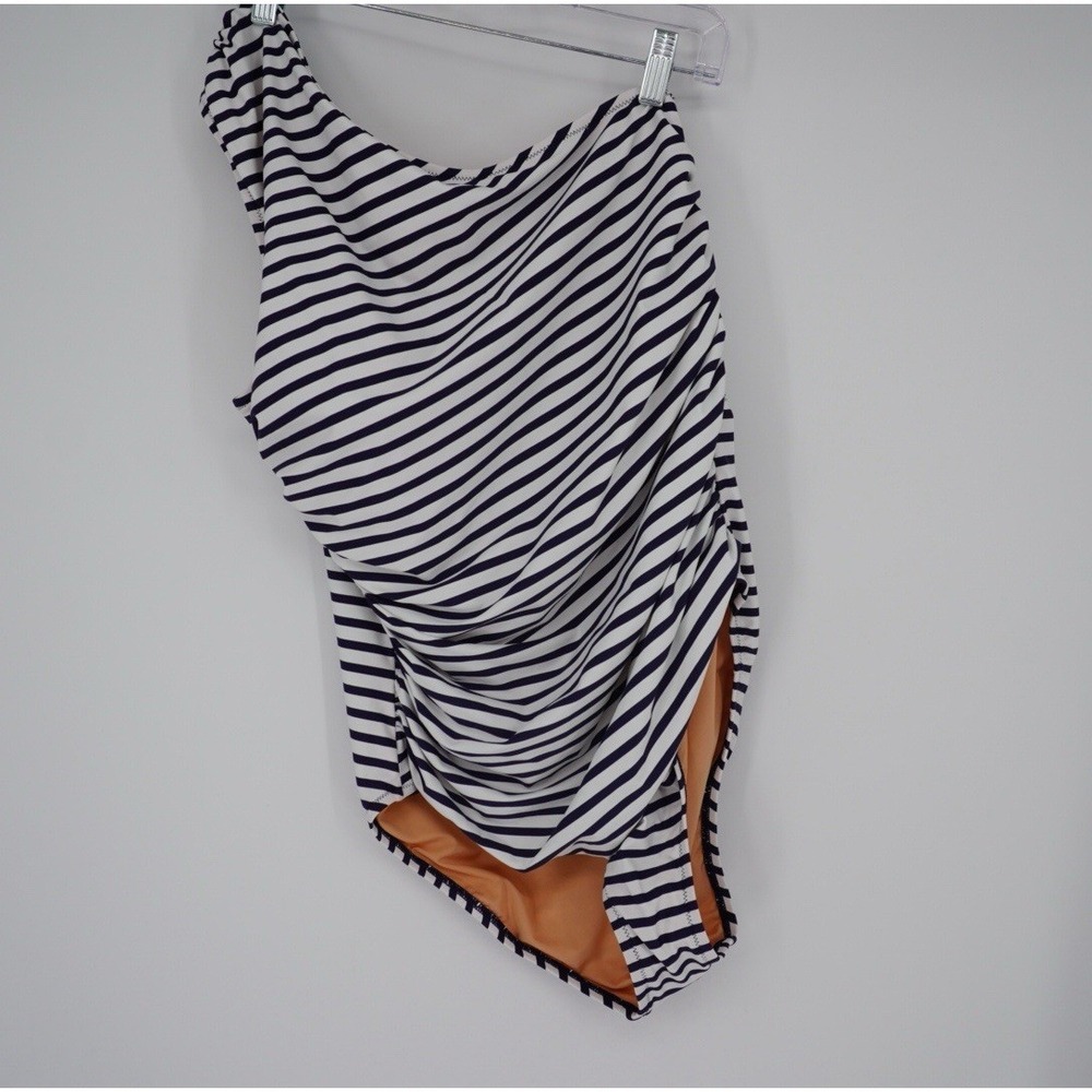 J.Crew Ruched One Shoulder One Piece Navy White Stripe Size 14 Coastal NEW - Picture 4 of 16